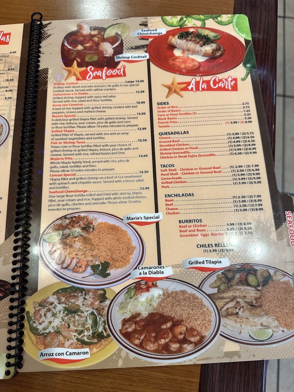 Mexican menu with chimichangas and tropical fajitas.