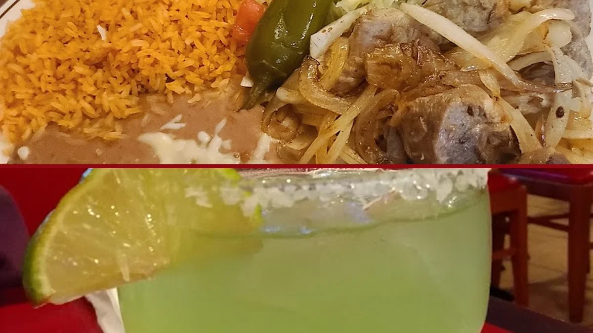 Outdoor seating beside a casual Mexican restaurant.