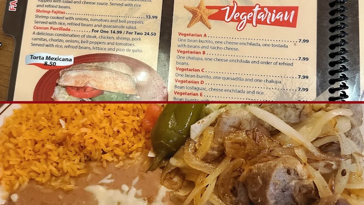Colorful Mexican restaurant dining room with table service.