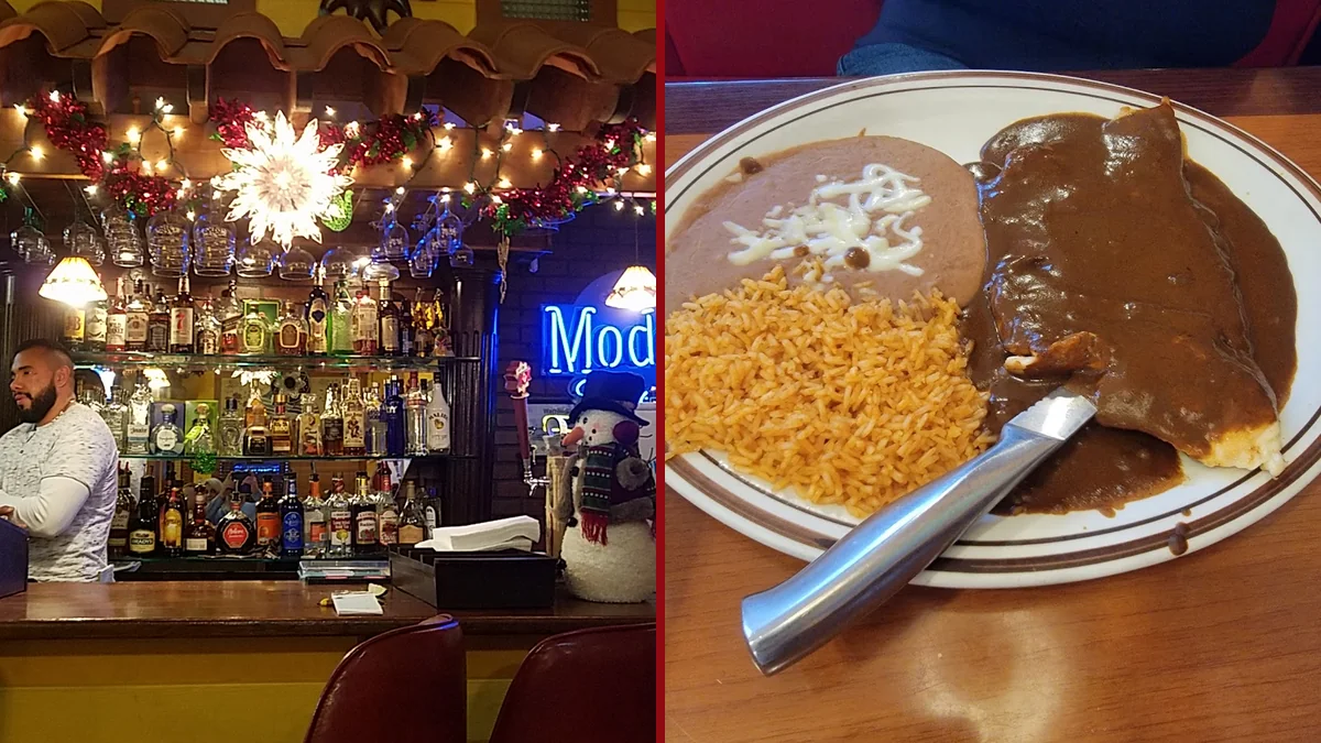 Outdoor seating beside a casual Mexican restaurant.